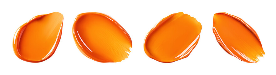 Bright orange cosmetics swatches set. Close-up of liquid texture of gel nail polish or glossy acrylic paint. Isolated element with clear even edge on transparent background