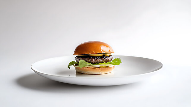 A gourmet delight: succulent patty, fresh greens, and a glossy bun, served simply on a plate. Indulge in the perfection of this burger creation. A culinary art!