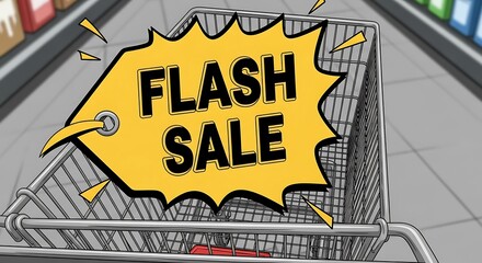 A shopping cart with a "Flash Sale" sign in a grocery store aisle, representing a promotional retail event.