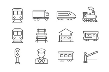 Trains and Railways Line Icons Set