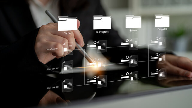 Task workflow system showing document progress through stages. Task tracking improves productivity, ensures visibility, task tracking supports planning, and task tracking manages status. Latch