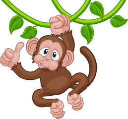 A monkey cartoon character singing on jungle vines and giving a thumbs up