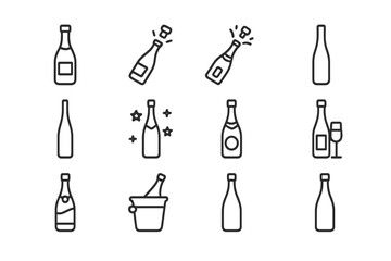 Wine and Champagne Bottle Icons Set in Line Art Style