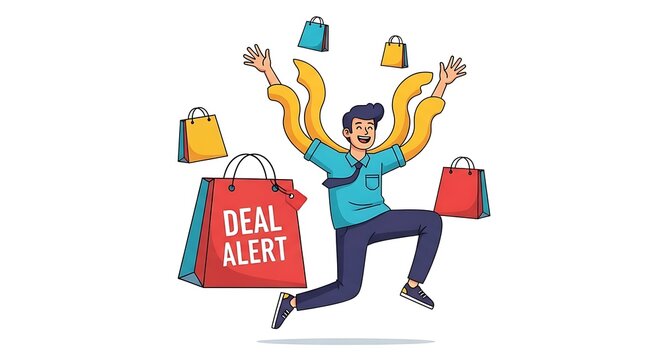 Excited man jumps with joy surrounded by shopping bags, one clearly marked with a "Deal Alert"