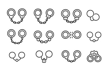 Handcuff icons set in simple black outline style, 12 variations in grid pattern
