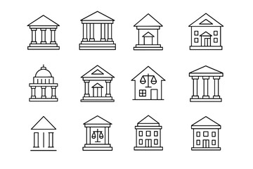 Fototapeta premium Collection of Twelve Black and White Line Drawings of Building Icons