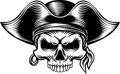 A pirate skull in a captain hat skeleton vintage woodcut style design