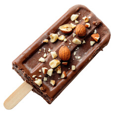 A chocolate ice cream bar topped with chopped nuts sits on a wooden stick against a plain white background