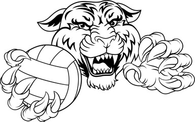 A tiger volleyball animal sports mascot holding a volley ball in his claw