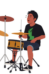 Young drummer performing energetically on stage flat vector illustration, wearing casual clothes and playing drums with passion in minimalist modern style