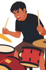 Focused Drummer Went All-In while Performing Intense Beat with Modern Red Drum Set