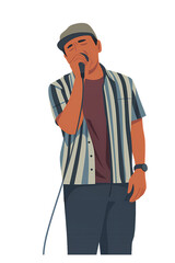 Flat vector art of male rock vocalist with angelic voice singing into microphone wearing casual outfits on stage minimalist design isolated on transparent background