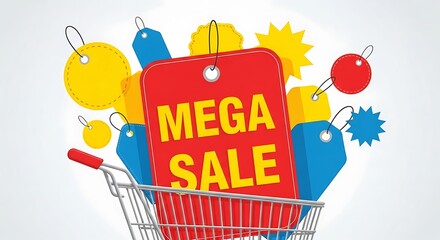 A shopping cart is overflowing with colorful sale tags and starbursts, announcing a mega sale event.