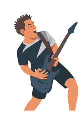 Flat vector of young guitarist performing passionately with electric guitar in casual black and white stripped t-shirt and shorts jeans minimalist modern art isolated on transparent background