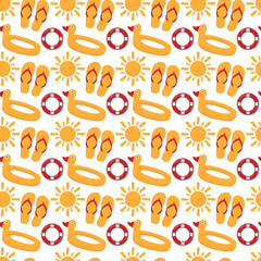 Sun, flip flops with rescue ring and inflatable duck seamless pattern for vacation merch
