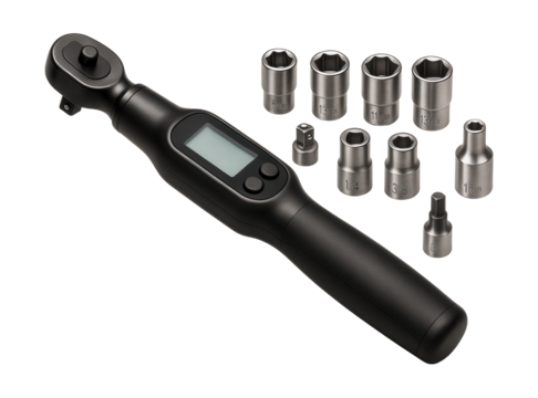 Precision tool kit with a digital torque wrench and adapter set for tuning garages.