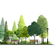 Lush green park featuring benches and a vintage street lamp nestled among tall trees under clear skies