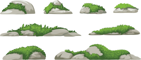 Natural green grass and stone rock set isolated on white background, realistic landscape nature element, outdoor decorative vector illustration design © Rayhan