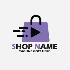 "Online Shop Logo Template &ndash; Stylized Purple Shopping Bag with Play Button and Motion Lines for Fast Delivery, E-Commerce Branding, and Digital Retail Identity