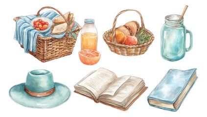 Summer Picnic Elements with Baskets, Fruits, Drinks, and Accessories in Watercolor Style