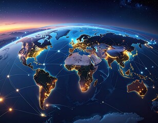 Illuminated globe with network connections against a cosmic dusk