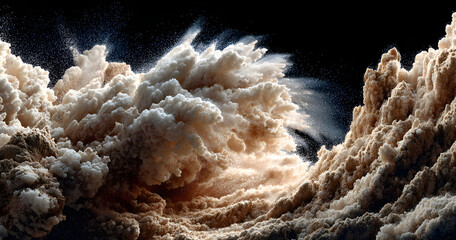 Detailed wave of airborne clay dust swirling in chaotic motion, captured in freeze motion. Dramatic natural explosion of earthy particles on black background.