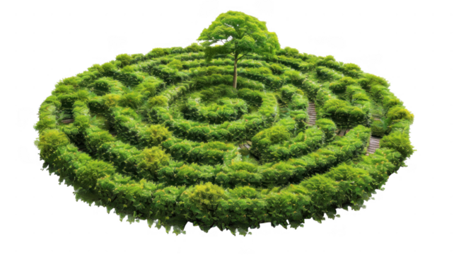 A green labyrinth from above on transparent background