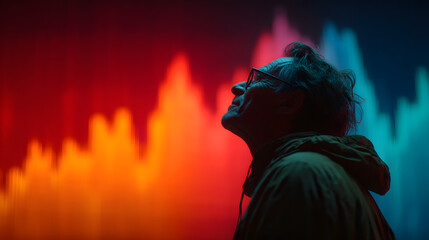 Silhouette of a man looking up at a vibrant abstract financial graph on a screen conveying contemplation and future vision