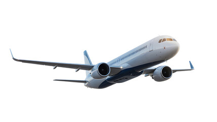 Obraz premium A commercial airplane in flight, viewed from the side, against a clear white background