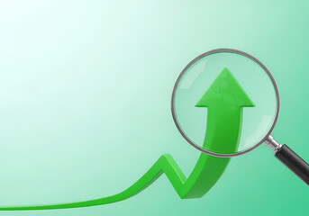 Upward green arrow under magnifying glass on light background, symbol of business growth, success, progress, profit increase, financial rise