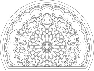 Detailed semicircular Islamic arch design featuring a central geometric star medallion surrounded by a symmetrical arabesque floral wreath. Traditional architecture element.
