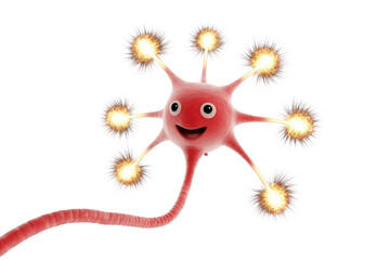 A cheerful, animated neuron with bright, spiky electrical impulses radiating from its dendrites and axon terminal, symbolizing active brain function. background removed