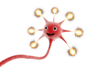 A cheerful, animated neuron with bright, spiky electrical impulses radiating from its dendrites and axon terminal, symbolizing active brain function. background removed
