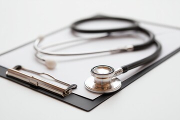 Medical stethoscope and clipboard on white background representing healthcare and examination