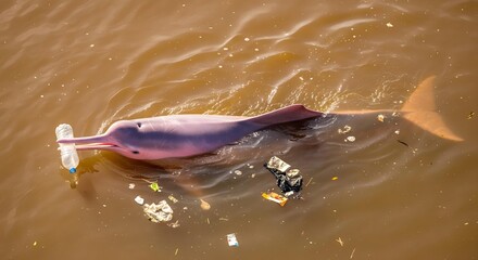 Amazon Pink river dolphin holding plastic bottle surrounded by floating garbage in polluted brown water