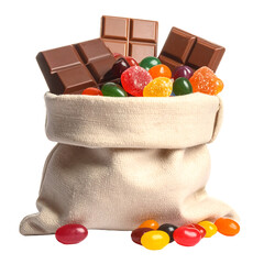 Delicious chocolate bars and gummy candies overflowing from a canvas sack