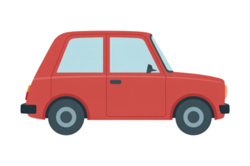 A simple, flat design illustration of a small red car from a side view, perfect for icons or graphic elements. background removed