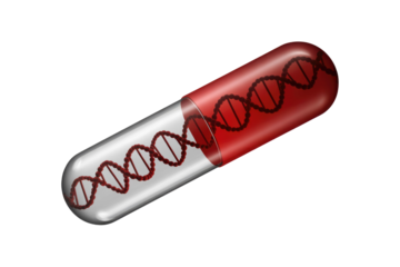 A medical capsule contains a red DNA double helix, representing gene therapy, genetic engineering, personalized medicine, and biotechnological advancements. background removed