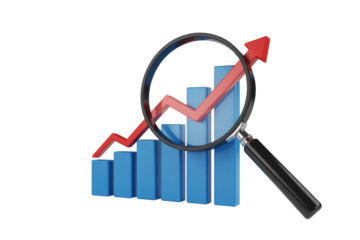 A magnifying glass examining an upward-trending 3D bar chart, symbolizing analysis of business growth, market trends, or financial performance. background removed