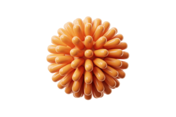 A vibrant orange spiky sphere, resembling a virus or bacterium, rendered in 3D against a solid transparent background. Abstract biology concept. background removed