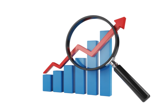 A magnifying glass examining an upward-trending 3D bar chart, symbolizing analysis of business growth, market trends, or financial performance. background removed