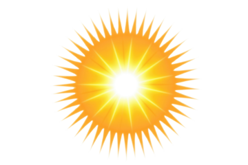 A vibrant, spiky orange and yellow sun with a brilliant white core emits rays, centered on a dark transparent background. A radiant solar emblem. background removed