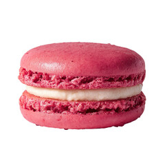 Sweet pink macaron featuring a smooth cream filling sits on a plain white surface, tempting dessert lovers