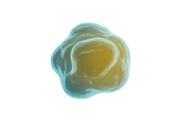 Abstract 3D rendering of a translucent, amorphous blob with blue-white edges and a yellowish-orange core, resembling a cell or amoeba. background removed
