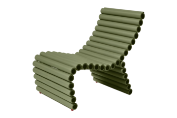 Modern olive-green chair crafted from stacked cylindrical tubes. Its unique wavy design offers a minimalist aesthetic for contemporary interiors. background removed