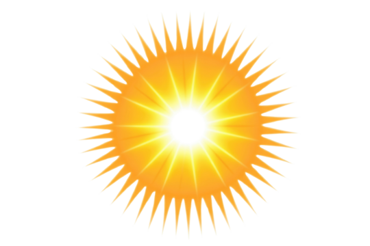 A vibrant, spiky orange and yellow sun with a brilliant white core emits rays, centered on a dark transparent background. A radiant solar emblem. background removed