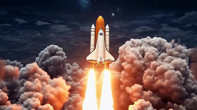 Space shuttle launch with fiery exhaust