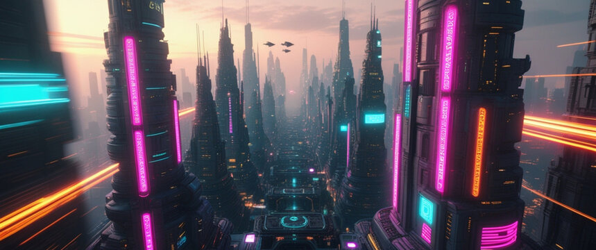 High Angle View of Futuristic City at Sunset with Glowing Neon Lights - Powered by Adobe