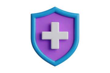 Fototapeta premium A vibrant 3D rendering of a blue-bordered shield with a purple interior and a white medical cross, symbolizing health and protection. background removed