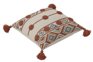 Stylish bohemian throw pillow featuring terracotta pompoms, tassels, and intricate geometric patterns in blue and burnt orange on a cream background. background removed